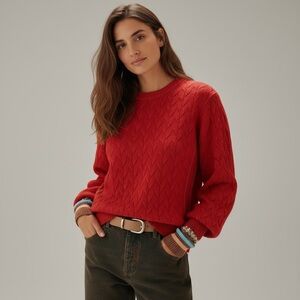 $89 LANDS END Womens Drifter Red Cable Knit Long Sleeve 100% Cotton Sweater Sz M